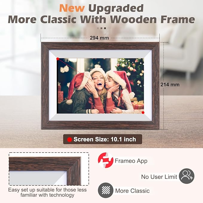 Frameo Digital Picture Frame WiFi 10.1inches Digital Photo Frame, Electronic Photo Frame Load from Phone, 1280x800 IPS Touch Screen HD Display, Auto-Rotate, Share Photos/Video-Great Gift(Brown Wood)