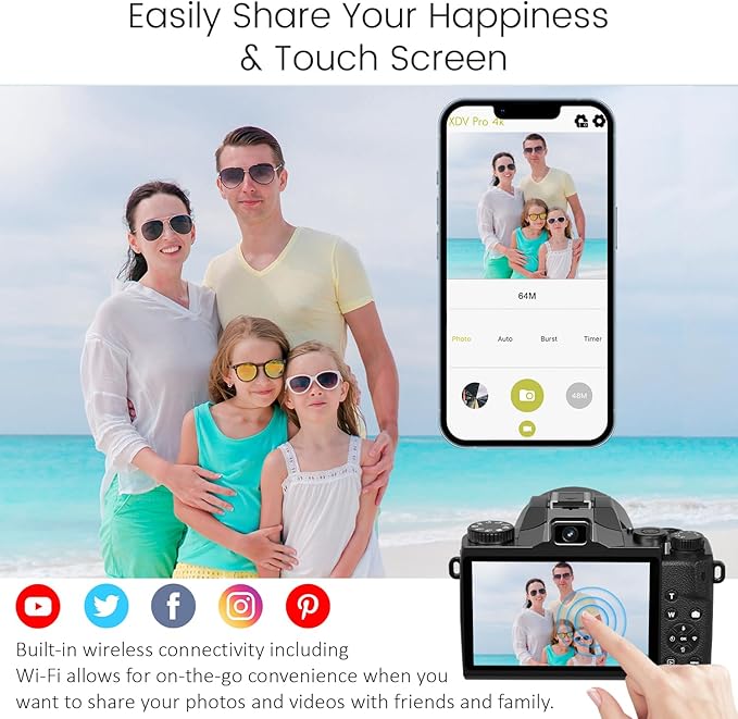 8K Digital Cameras for Photography, 64MP Vlogging Camera for YouTube with 4" Touch Screen, Dual Front/Rear Cameras with LED Fill Light, 3000MAh Battery, Lens Hood, Hot Shoe & 32GB TF Card