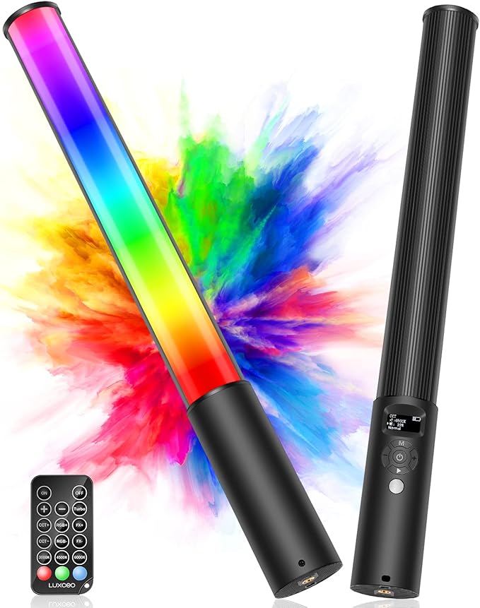 RGB Video Light Wand, Handheld Multi Color LED Tube Light Stick with Remote Control, Dimmable 2500K-6500K CRI97+ Full-Color LED Light with 2500mAh Rechargeable Battery, 12 Light Scenes