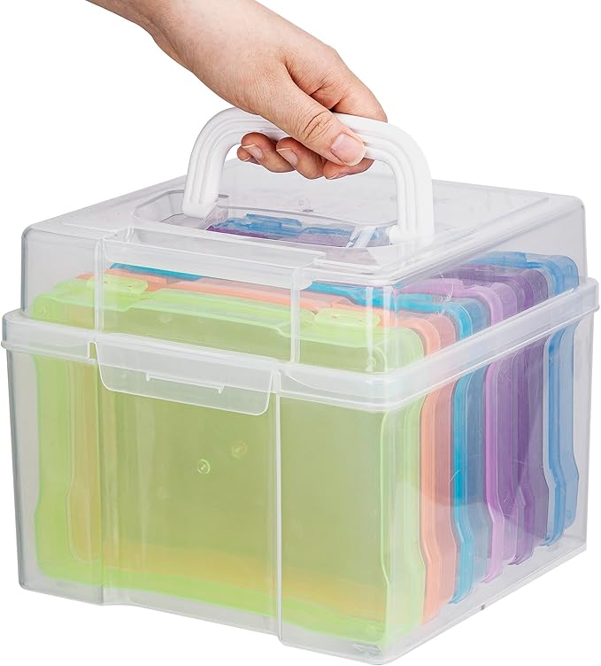 CraftGenes Photo Organizers and Storage 5x7 – Plastic Photo Storage Box with Handle, 6 Colorful Inner Cases, Photo Boxes Storage for Cards, Stickers, Crafts, Seeds, Office Supplies