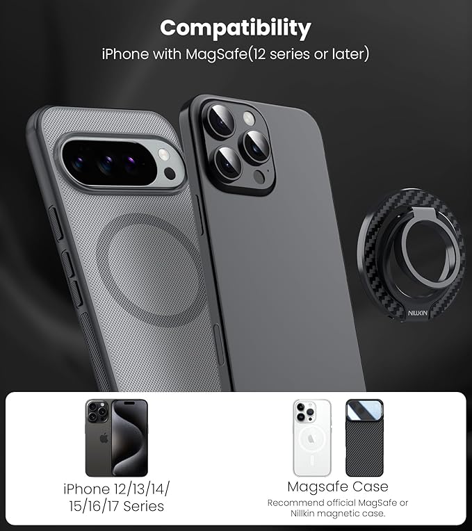Nillkin MagSafe Phone Grip Ring Holder for Dual-Sided Magnet, Removable Magnetic Phone Ring Holder for iPhone 17/16/Pixel Snap Grip, Carbon Fiber, MagSafe Ring Stand, Accessories for iPhone, Black ﻿