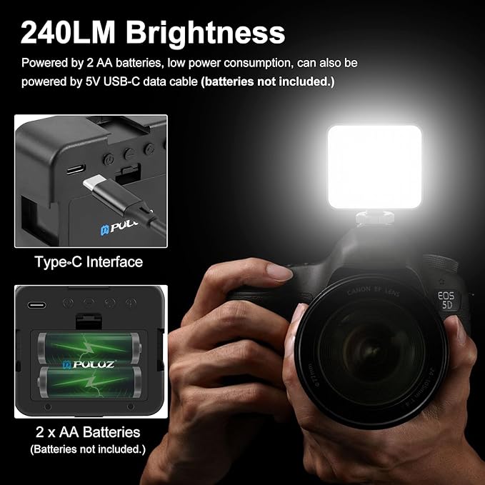 PULUZ 100 LED Video Light, 5W 3-Color Temperature Dimmable (2900K-6500K) Camera Fill Light with Cold Shoe Mount USB-C/AA Battery Powered for DSLR Camcorder Vlogging Macro Photography