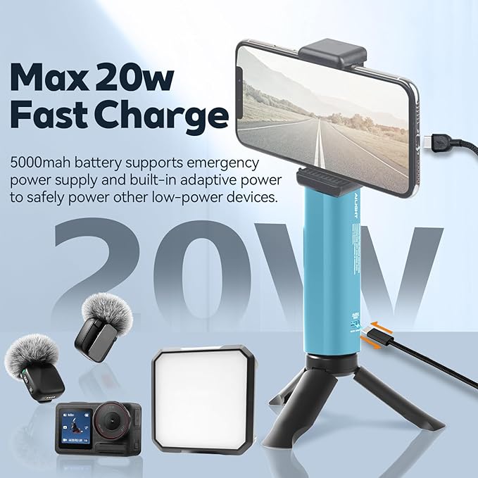 Ailight Battery Handle Grip, 5000mAh Extended Power with 20W PD Charging, Portable Charger Tripod Vlog Accessory with 1/4" Screw for GoPro Hero 13/12/11/10/9 & Insta360 DJI Action 6/5 Camera - Blue