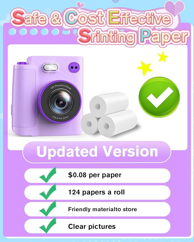 Kids Instant Print Camera - 1080P HD Toddler Digital Camera for 3 4 5 6 7 8 9 10 Year Old Girls Boys, Christmas Birthday Gift with 32GB SD Card, Selfie Mode, Portable Travel Toy, Fun Filters- Purple