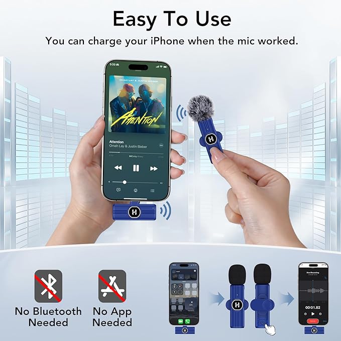 USB C Mini Wireless Lavalier Microphone for iPhone 15 16, iOS and Android Devices - Noise Reduction Lapel Mic for Recording, Clip Omni Lav Mic for Video Recording, Tiktok, Youtube, Vlog (Blue)