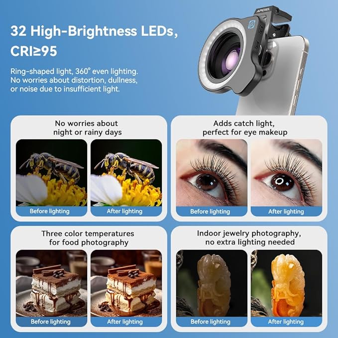 APEXEL 100Ultra Macro Lens + Fill Light- Enhanced Version Smartphone Lens for iPhone| Professional Macro Photography of Flowers, Iinsects, Jewelry, Food Details and Other Small Objects