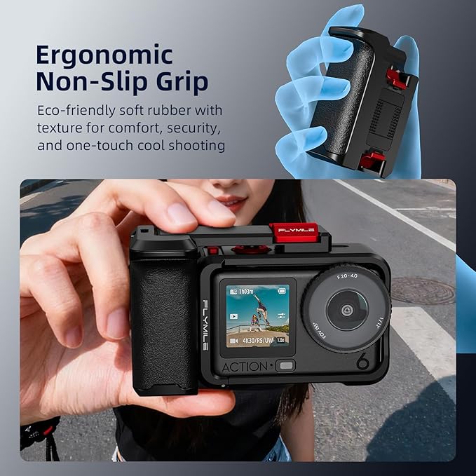 BRDRC Grip Kit for DJI Action 6 (with Cage), Handle Holder Bundle Expansion Mount with Shutter Button, Quick Release, Cold Shoe for DJI Osmo Action 6 Accessories