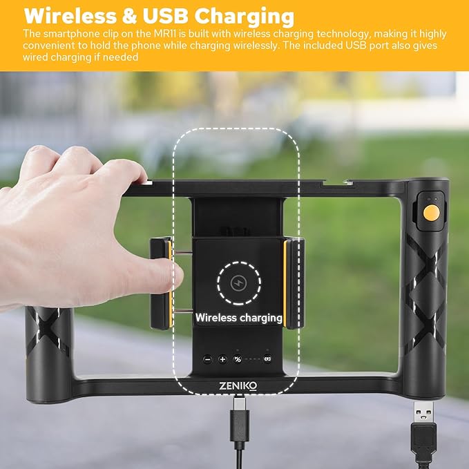 MR11 Smartphone Video Rig with Light, Built-in Battery Wireless Charging, Cold Shoe, ARRI Hole, 1/4" Hole, Remote Control, Rotatable Clamp, All-in-one Phone Vlogging Cage Video Stabilizer Grip