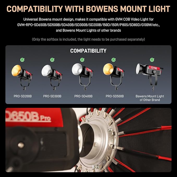 GVM YG90SP 36"/90cm Parabolic Softbox Quick Set up Quick Folding, with Diffusers/Honeycomb Grid, Compatible with GVM 200B 300B 500B 650B and Other Bowens Mount Light for Recording, Portraits