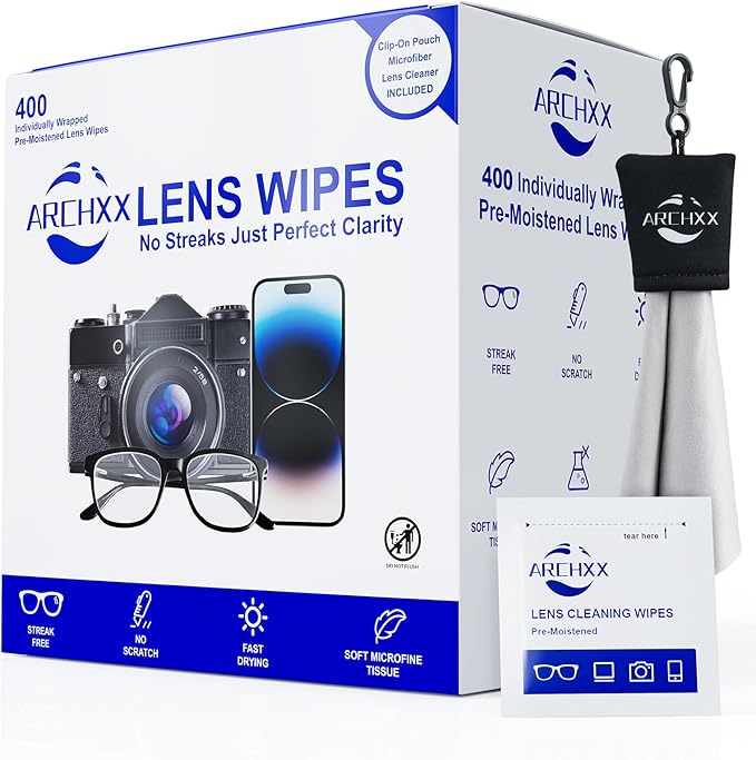ARCHXX 400 Count Lens Wipes for Eyeglasses, +1 Clip-On Pouch Microfiber Lens Cleaner, Individually Wrapped Pre-Moistened Eye Glasses Cleaner Wipes for Glasses, Sunglasses, Camera Lenses, Streak-Free