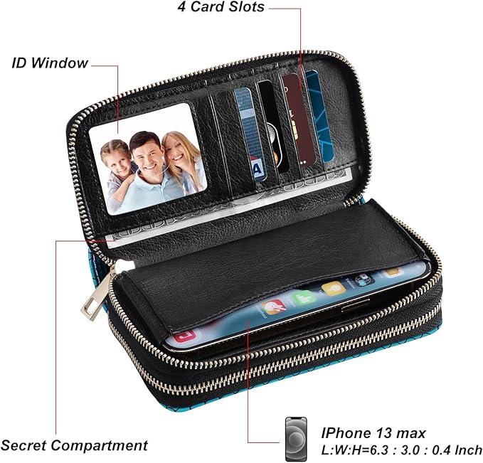 Cellphone Wallet for Women Dual Zipper Long Purse with Removable Wristlet
