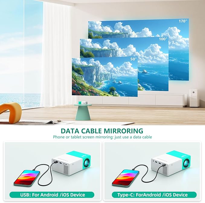 Projector WiFi Portable Movie Projector, Phone or Tablet Can be Mirrored to the Video Projectors Via WiFi or Data Cable, Compatible with Smartphone/ Tablet/ Laptop/TV Stick/ PS/ USB