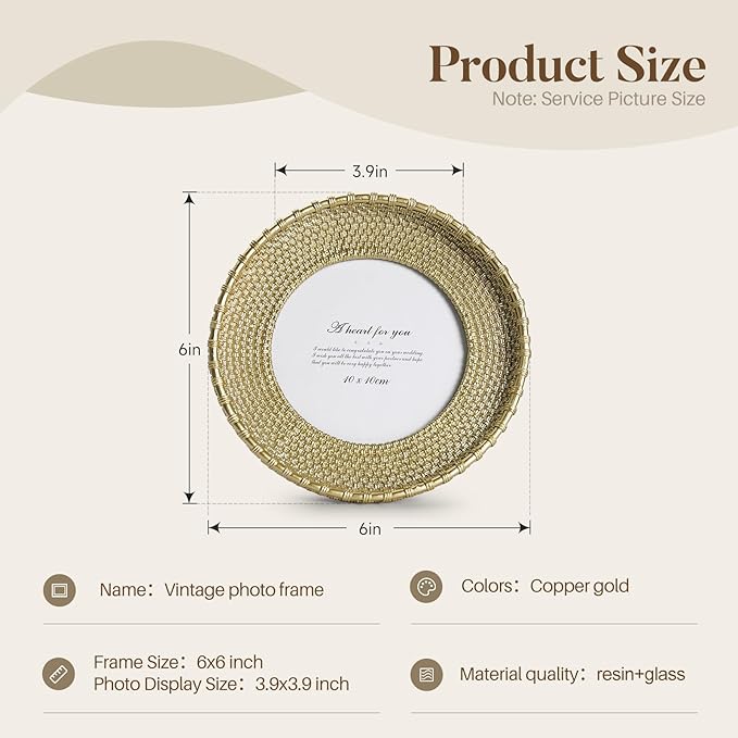 Cuspin 4x4 Picture Frame Vintage Gold Frames, Round Rattan Textured Hand-Crafted Circle Frame with Glass Front, Retro Photo Frame for Tabletop Display & Wall Hanging, Home Decor