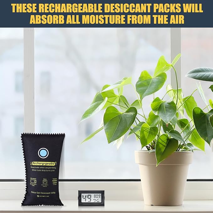 8 Pcs 500 Grams Rechargeable Silica Gel Desiccant Packets with Mini Digital LCD Hygrometer Thermometers Dehumidifier Bag for Gun Safe Closet Basement Car Storage Clothes Moisture Absorber