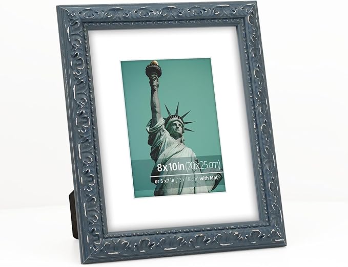 8x10 inch Distressed Wood Embossed Scroll Motif Vintage Antique Rustic Picture Frame, White Mat for 5x7 in Photo, Art Print Drawing, Wall Hanging or Desktop Display-Dark Navy Blue