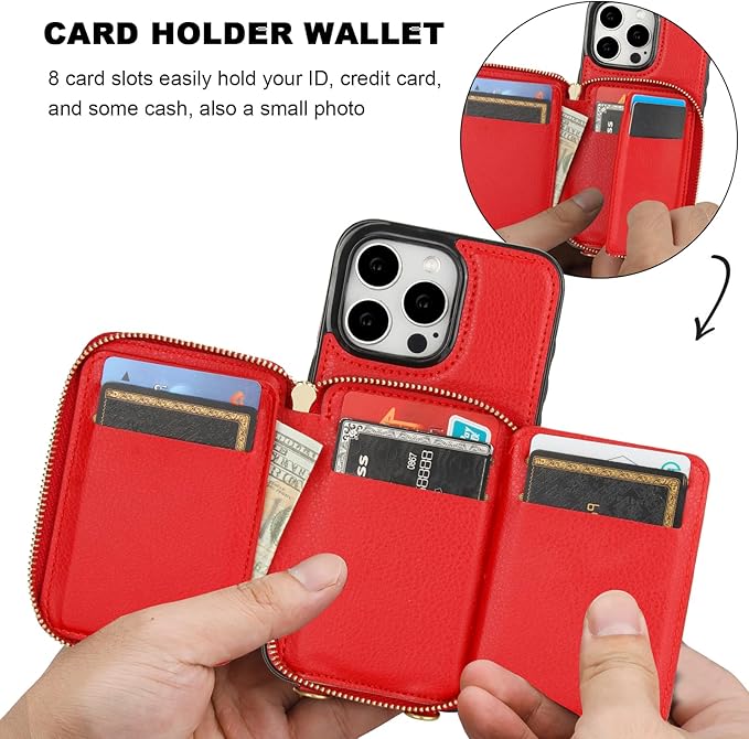 Bocasal RFID Blocking Wallet Case for iPhone 15 Pro Max, Adjustable Crossbody Zipper Purse with Wrist Strap, PU Leather Flip Folio Case 6.7 Inch 5G (Red)