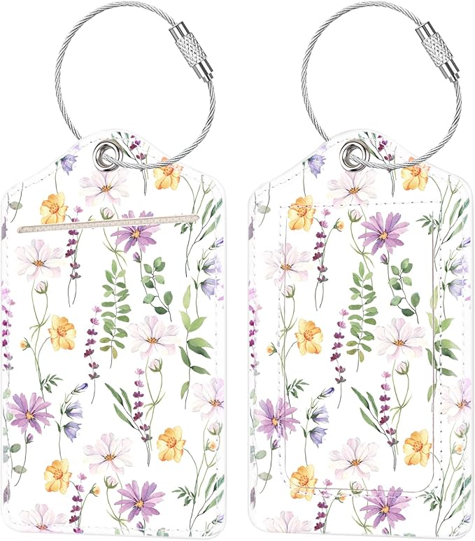 (Set of 2) Luggage Tag Leather Privacy Cover ID Label Address Card with Stainless Steel Loop, Travel Bag Tags Suitcase Labels, White Daisy