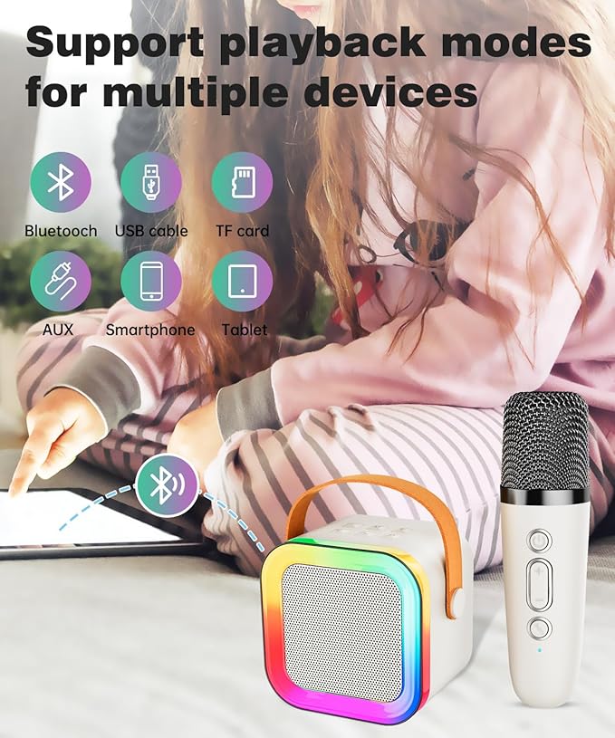 Mini Karaoke Machine Speaker for Kids Adults,Portable Bluetooth with 2 Wireless Microphones,Christmas Birthday Gifts Toys Girls Boys Ages 4, 5, 6,7, 8,9,10,11,12+ Years Old Toddler (Off-White - 2 Mic)