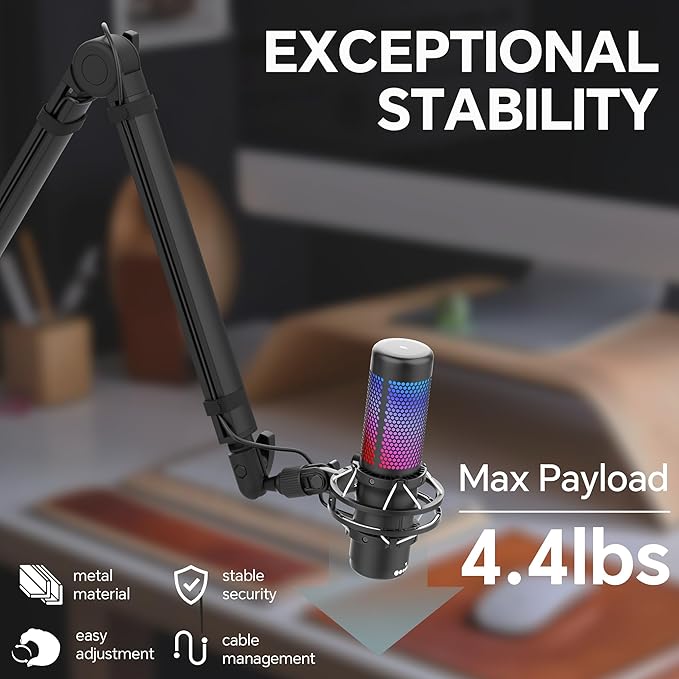 Mic Arm, Premium Microphone Boom Arm with Cable Management, 360°Rotatable Boom Arm, Mic Boom Arm for Streaming, Gaming, Podcasts, Home Office, Recording