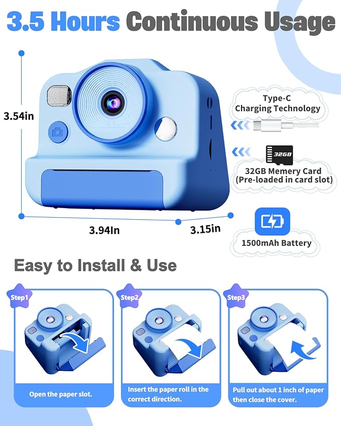 Instant Print Camera for Kids, Front Rear Dual Selfie Kids Camera with 1080P Videos, Christmas Birthday Gifts for Kids Ages 3-12, Toddler Digital Camera Toy for 4 5 6 7 8 Year Old Boys Girls (Blue)
