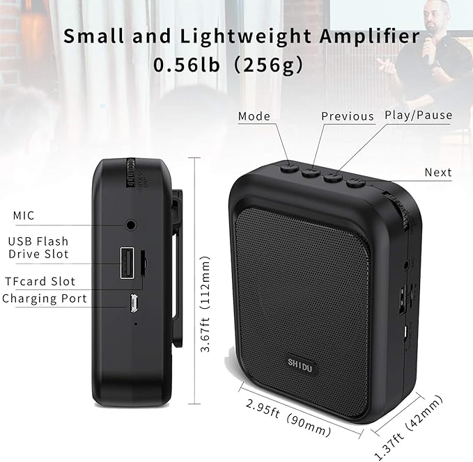 SHIDU Mini Voice Amplifier Portable Bluetooth Speaker with UHF Wireless Microphone Headset 10W 1800mAh PA system Supports MP3 Format Audio for Teachers, Coaches, Training, Tour Guide.