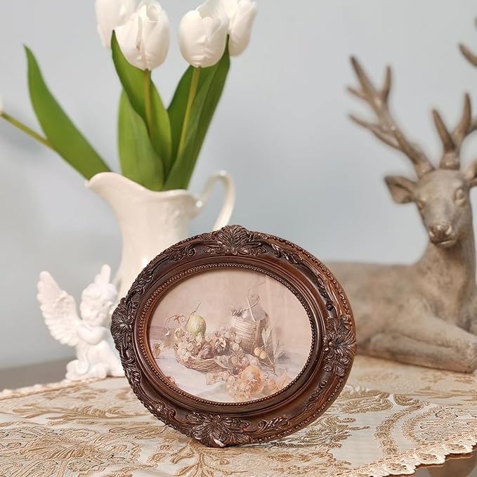 Vintage Picture Frames 4x6 Ornate Distressed Brown Antique Pictue Frames with Real Glass Cover for Wall & Tabletop Display Victorian Home Decor Gallery Wall Decor,Oval