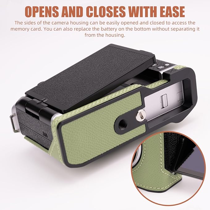 Handmade Genuine Leather Camera Half Case for Fujifilm X-M5/Fujifilm X-M5 Case - Top Layer Cowhide Body + Metal Base Plate (Vert Criquet)