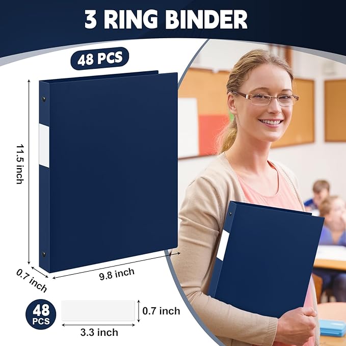 Henoyso 48 Pcs 3 Ring Binder 1/2'' Round Fits Letter Size 8.5'' x 11'' Paper Plastic Flexible Binder Holds 140 Sheets with 1 Pockets Versatile Organizer for Home Office School (Navy Blue)