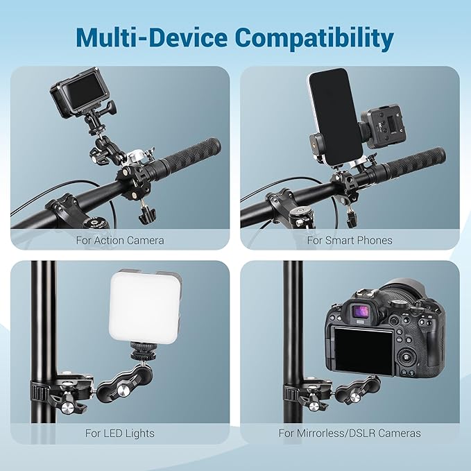 JJC Super Camera Clamp Mount Kit with 1/4'' Ballhead for DSLR DJI Osmo Gopro Hero Insta360 Action Camera Smartphone on Desk Motorcycle Bicycle Bracket Handrail Trolley Cross Bar Flag Vlog Video Record