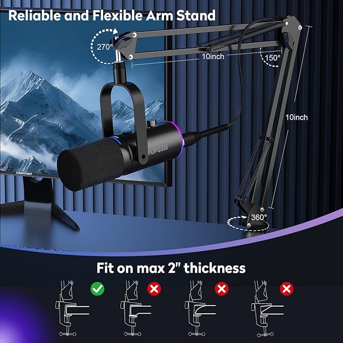XLR/USB Podcast Microphone, Gaming Mic with Mute Button, Reverb Effects, Noise Cancellation, Boom Arm Stand, Headphones Jack, Dynamic Microphone for Streaming/Recording/Gaming/Vocal-Black