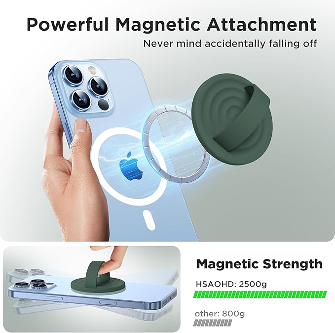 Upgraded Magnetic Phone Grip, Liquid Silicone Soft and Portable, Removable Finger Loop Ring Grip Holder for iPhone, Strong Magnetic Attraction, Compatible with MagSafe Phone Case, Alpine Green