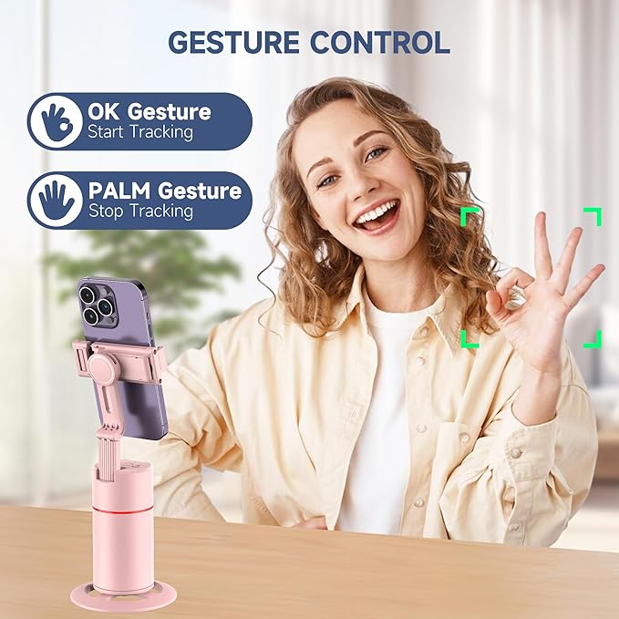 Auto Face Tracking Phone Holder, Gesture Control & Remote, Face Tracking Tripod 360 Rotation Body Phone Camera Mount Smart Shooting Holder, Cell Phone Selfie Stick Tripod, Expandable Pole (Pink)