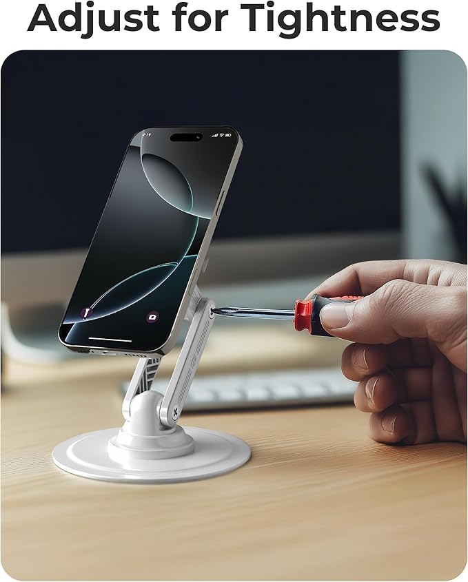COOPER Mag360, Desktop MagSafe Stand for iPhone 17 Pro Max (16/15/14/13/12), Magnetic Phone Holder for Desk, 360° Rotating, Height Adjustable, Magnetic Phone Stand for Desk, with Metal Ring (White)