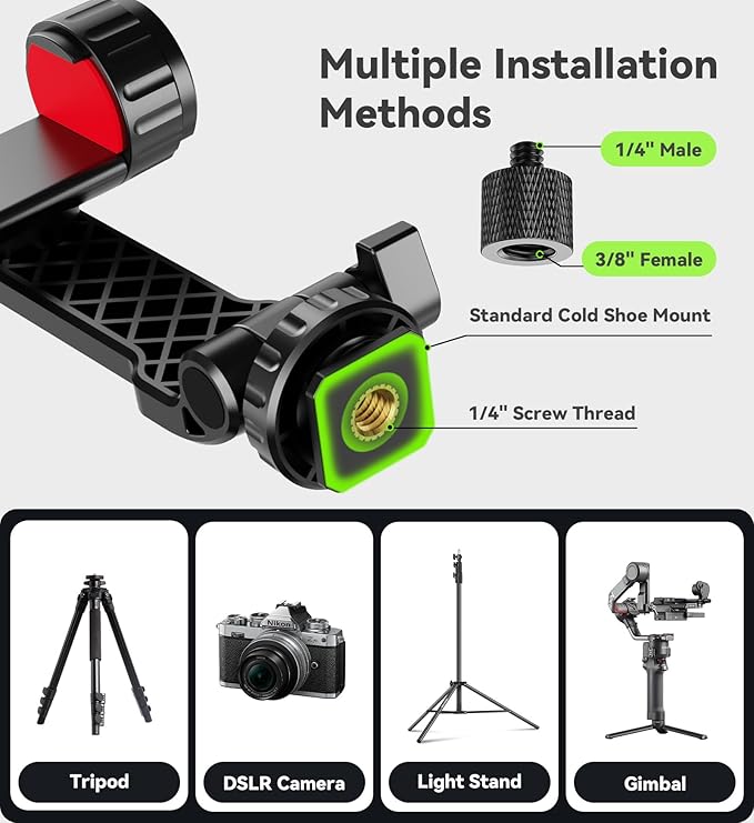 Phone Tripod Mount, Universal Smartphone Holder with 2 Cold Shoe Mount Adapter and 1/4" Standard Screw Thread, 360°Rotation & 180°Tilt Phone Clamp Compatible with iPhone & Android for Photography