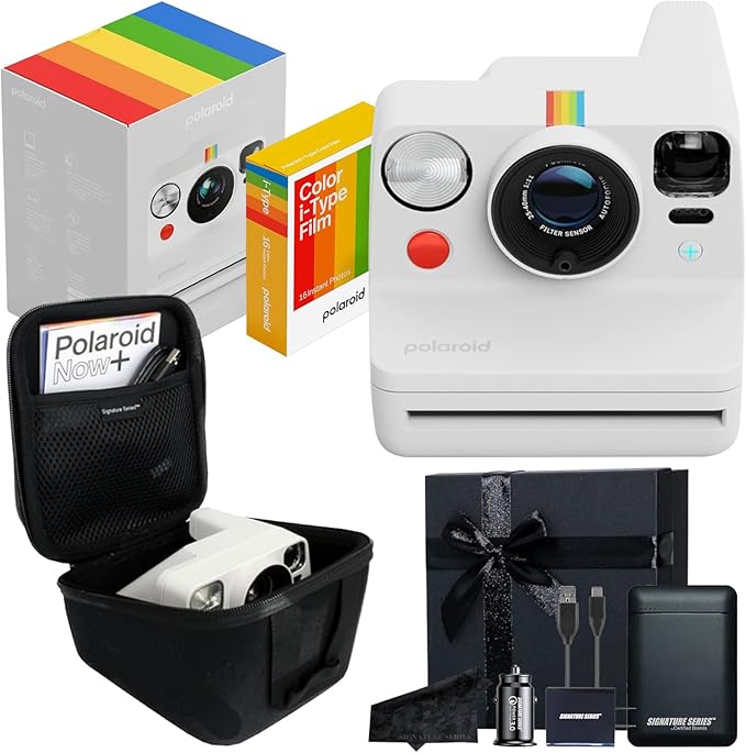 Polaroid Now+ 3rd Generation Bluetooth i-Type Instant Camera with 16 Color Film Photos, White | App Controlled with Signature Series Gift Bundle