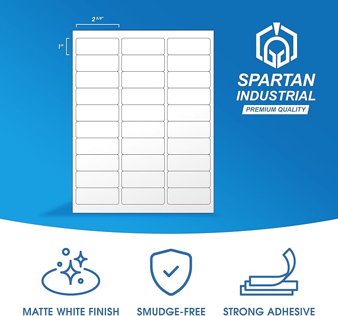 1" X 2 5/8" Matte White Printable Address Labels (30 Sheets, 900 Stickers) Mailing and Return Address Labels for Laser & Inkjet Printers - Spartan Industrial Template R007