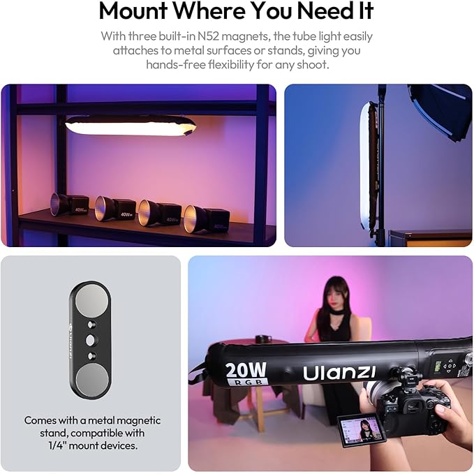 Ulanzi UA20C RGB Tube Light, 20W Inflatable LED Fill Light for Video Recording & Photo Photography, 1800K–10000K CRI95 2500mAh Cordless Magnetic Portable Handheld TPU Video Lighting Wand w 1/4 Mount