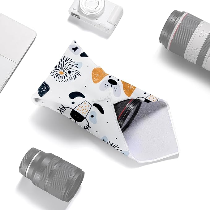BEIYANG 17.7X17.7 Inch Camera Protective Wrap, White Dog Pattern Camera Case，Lens Protector Wrapper, Magic Self-Adhesive Cloth for Camera/Lens/Phone/DSLR/Laptop/Accessories