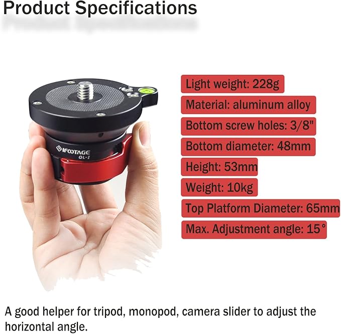 IFOOTAGE Camera Leveler Tripod Base QL-I,with 3/8" Thread,Aluminum Alloy Buckle Quick Adjust Ball Head,Bubble Spirit Level,Tilt 15° Degree 360 Pan Movement,for DSLR,Cannon,Nikon,Sony