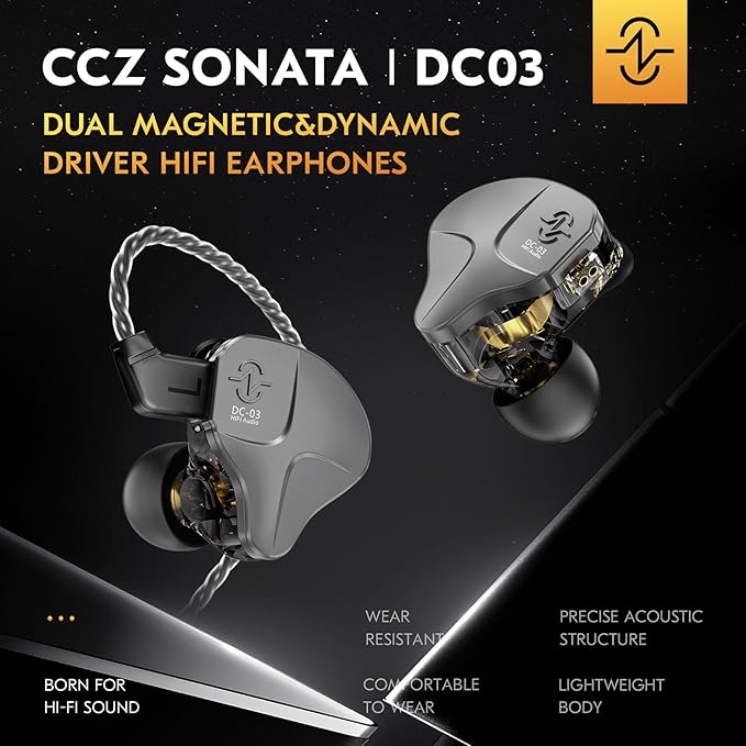 CCZ DC03 in Ear Monitor Headphones, IEMs for Gaming, Deep Bass Sound Wired Earbuds, 1DD HiFi in Ear Headphones Noise Cancelling Ear buds, in Ears for Singers Musician Stage Drummer(Black, without Mic)