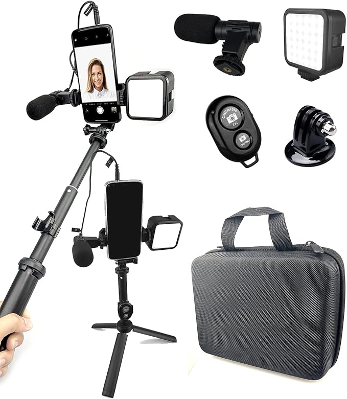 Selfie Stick Tripod Vlogging Kit for All Smartphones iPhone, Android w/LED Light, Rotating Phone Mount, Microphone, Bluetooth Remote, Hard Case for Live Stream, YouTube, Instagram TikTok