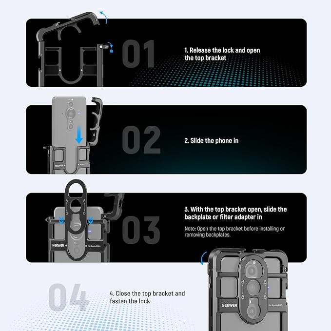 NEEWER Xperia PRO-I Cage, Quick Release Video Rig Case Phone Stabilizer Holder for Recording Filming, 67mm Filter Adapter, 17mm Lens Backplate, T Mount Backplate Compatible with Moment Sony, PA086