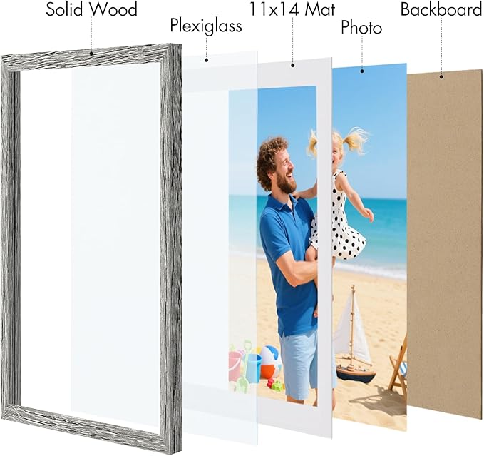 Vittanly 12x16 Picture Frame, Made of Solid Wood and Shatterproof Plexiglass, Display Pictures 11x14 with Mat or 12x16 without Mat, Wooden Photo Frame for Wall Mounting, Grey, 1 Pack
