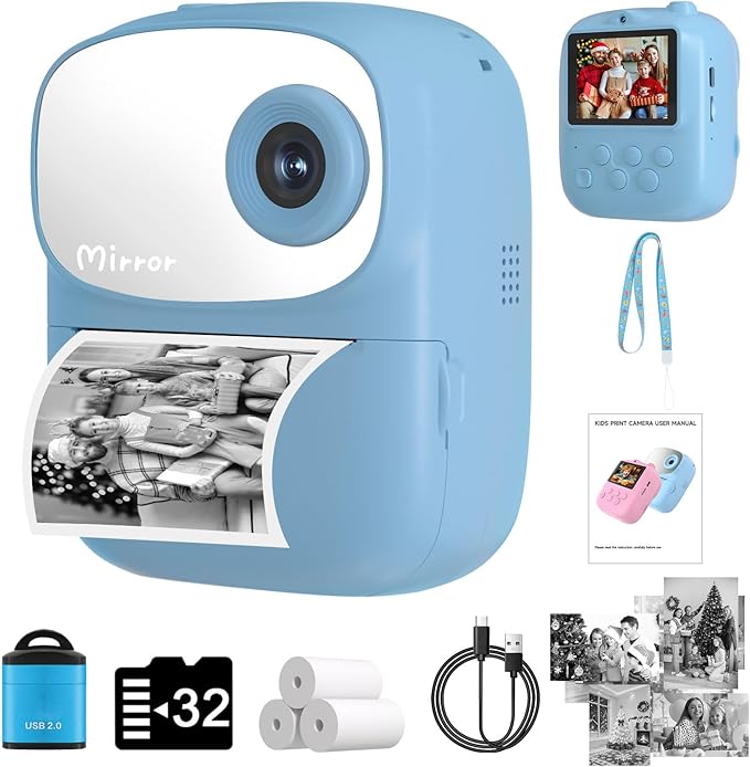 Kids Camera Instant Print for Kids, Kid Camera Instant with Mirror, HD Dual-Lens Selfie Digital Camera with 3 Rolls Print Paper & 32GB Card, Holiday Birthday Gifts Toys for Girls Boys Toddler.（Blue