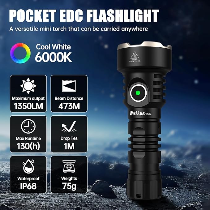 Wurkkos TS12 SFT25R LED Mini Flashlight Rechargeable,1350 High Lumens EDC Flashlight, Super Bright Small LED Flash Light, IP68 Waterproof Pocket Flashlight for Camping, Outdoors, Emergency
