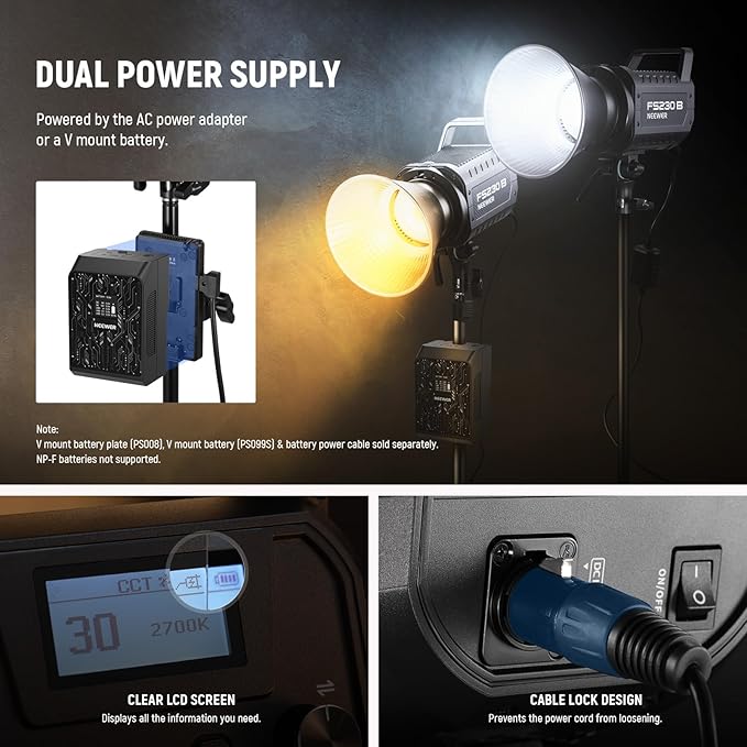NEEWER FS230B LED Video Light 2.4G/APP Control, 230W Bi Color COB Silent Photography Continuous Output Lighting with 4 PWM Dimming Types, 110000lux/m, 2700K-6500K, CRI 97+, 12 Scenes, Bowens Mount