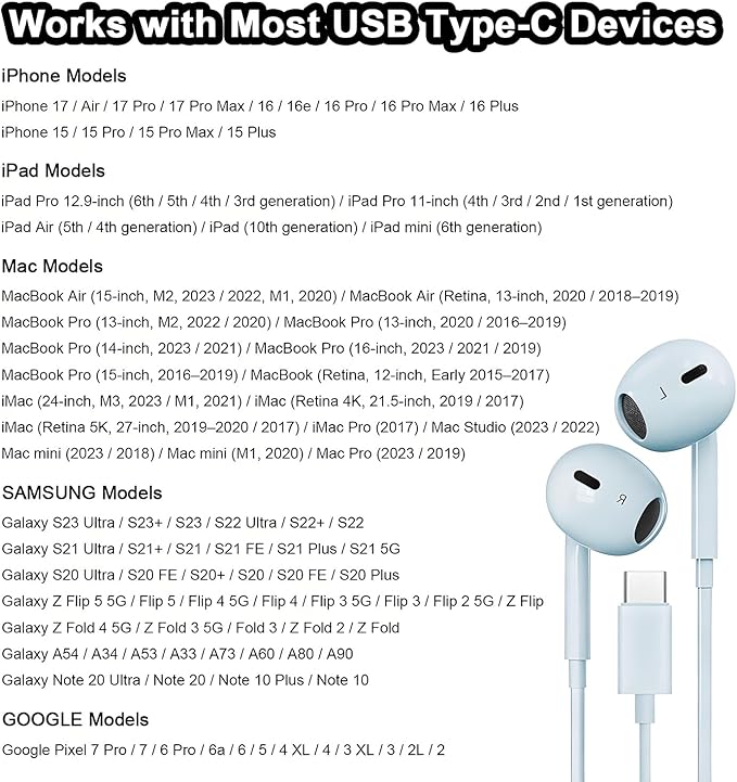 2 Packs USB C Headphones for iPhone 16/15 Phone Earbuds with Microphone & Volume Control HiFi Stereo Type C Earphones for Galaxy S23/S22/S21/S20/Ultra Note 10/20, for Pixel 7/6/6a/5/4,for OnePlus 9 8