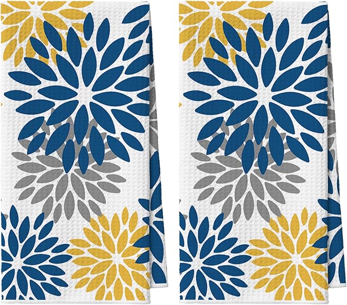 Artoid Mode Dark Blue Dahlia Floral Bar Kitchen Towels, 12x24 Inch Quick Dry Microfiber Cloth Dish Towels for Kitchen Drying Set of 2