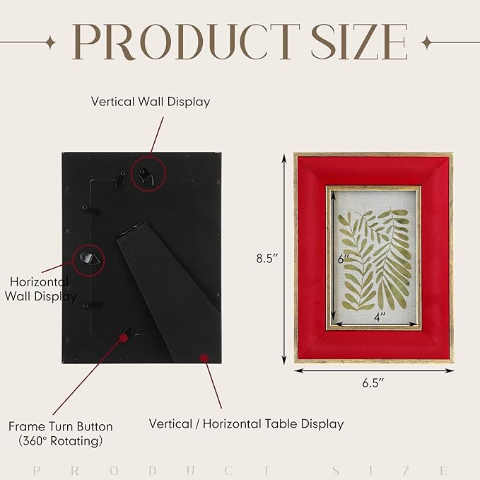 Kathfly 2 Pcs Red Velvet Picture Frame 4 x 6 Inch Vintage Photo Frame with Gold Metal Edge Horizontal & Vertical Mount for Poster Artwork Puzzles Tabletop Wall Display Christmas Home Office Decor