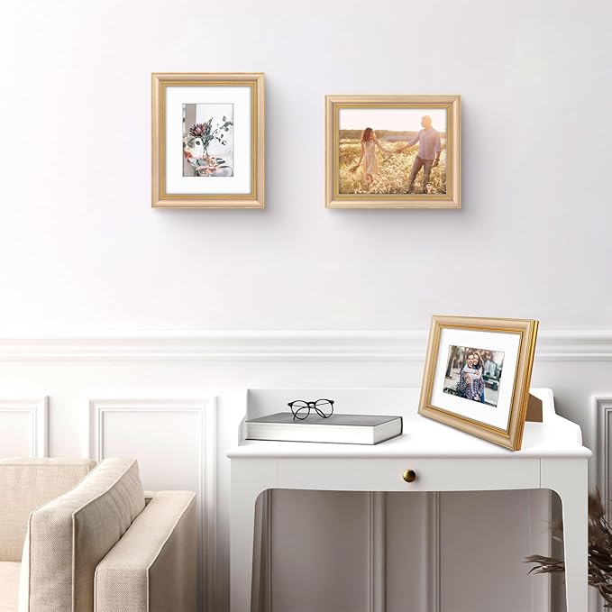 Golden State Art,8x10 Ornate Picture Frame for 5x7 Photo with Mat or 8 x 10 Prints Without Mat, Real Glass Wall & Tabletop Display Horizontally or Vertically (Color:Champagne Gold)